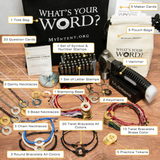 MyIntent Maker Kit Mix of Color and Black Round and Twist Bracelets with nickel and brass tokens, 3 Dainty Necklaces, hammer, stamps, tote bag, and question cards