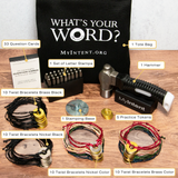 MyIntent Maker Kit 40 Color and Black Twist Bracelets with nickel and brass tokens, hammer, stamps, tote bag, and question cards