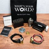 MyIntent Maker Kit 20 Color and Black Twist Bracelets with nickel and brass tokens, hammer, stamps, tote bag, and question cards