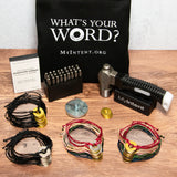 MyIntent Maker Kit 40 Color and Black Twist Bracelets with nickel and brass tokens, hammer, stamps, tote bag, and question cards