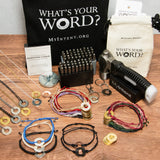 MyIntent Maker Kit Mix of Color and Black Round and Twist Bracelets with nickel and brass tokens, 3 Dainty Necklaces, hammer, stamps, tote bag, and question cards