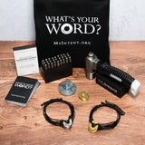 MyIntent Maker Kit 10 Black Twist Bracelets with brass nickel and brass tokens, hammer, stamps, tote bag, and question cards