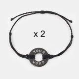 Custom Twist Bracelet Set of 2 Black String with Black Nickel Token