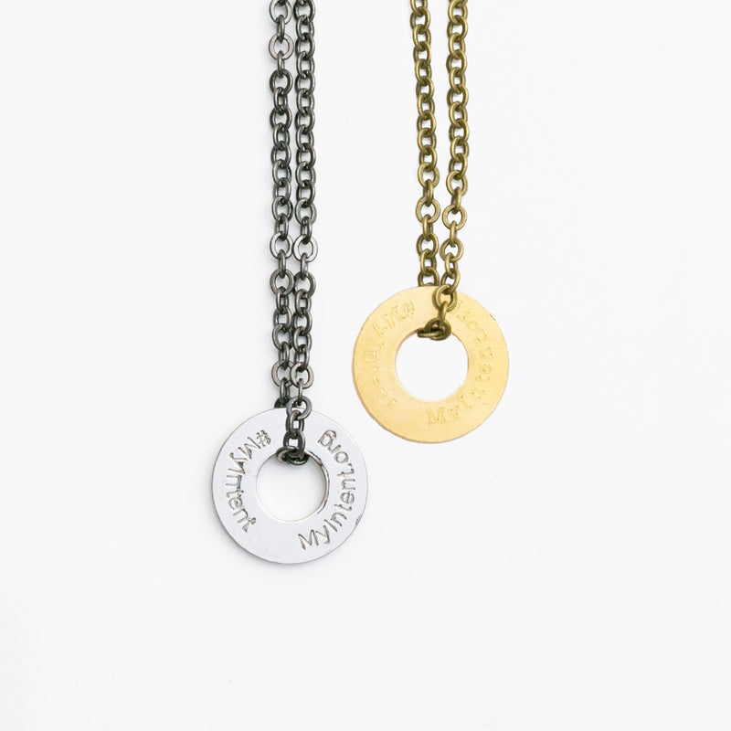 MyIntent Refill Chain Necklaces in Brass and Nickel with MyIntent.org on the back side of the token