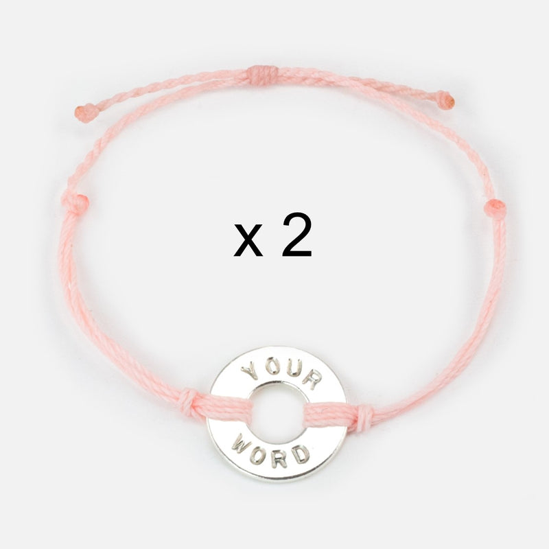 Custom Twist Bracelet Set of 2 Light Pink String with Silver Token