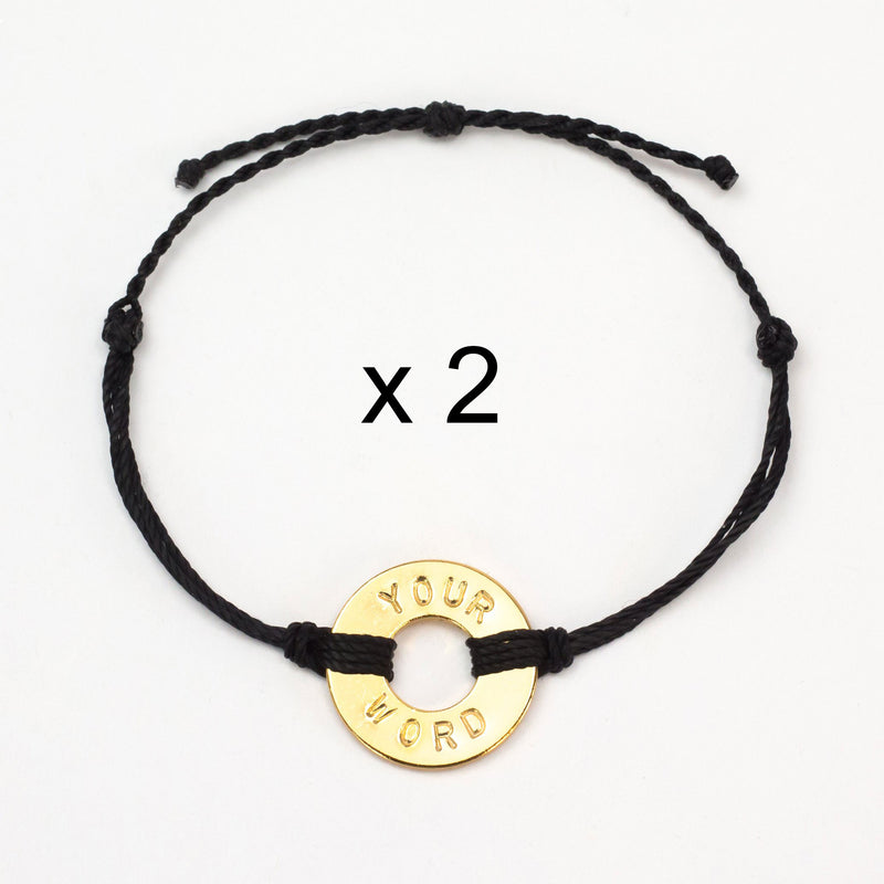 Custom Twist Bracelet Set of 2 Black String with Gold Token 
