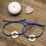 Matching MyIntent Custom Classic Bracelets Blue String Brass Token with words KEEP CALM & CARRY ON