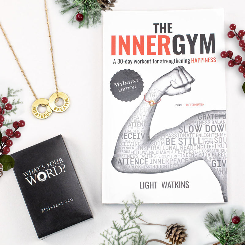 MyIntent Gratitude Pack includes Inner Gym book, 33 question cards, & either a necklace or bracelet