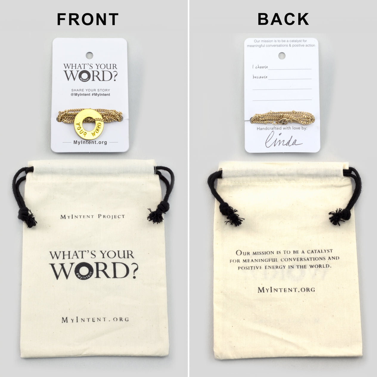 MyIntent Custom Bead Necklace arrives wrapped around a card with Packaging Bag