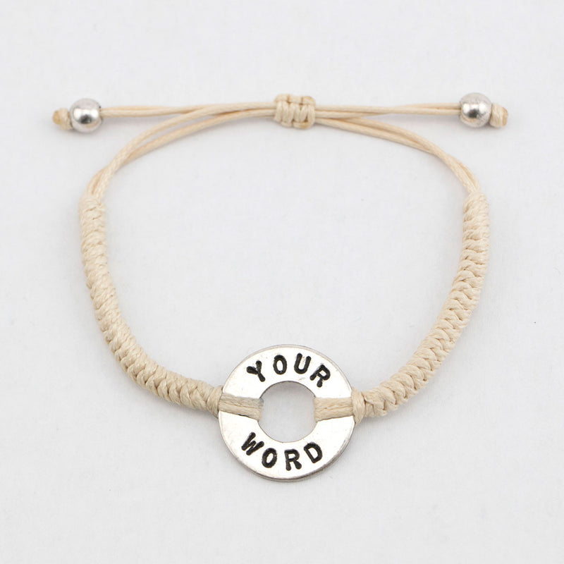 MyIntent Custom Round Bracelet Silver Token with Cream color String and stainless steel beads