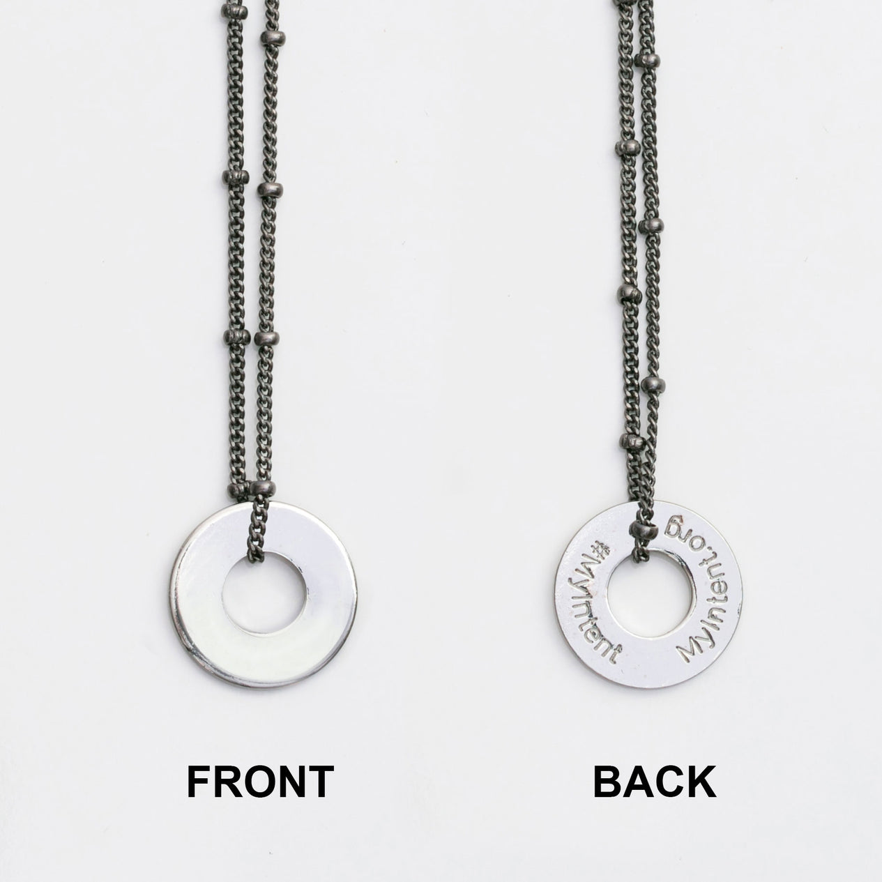MyIntent Custom Bead Necklace shows YOUR WORD on front and #MyIntent MyIntent.org on back of token