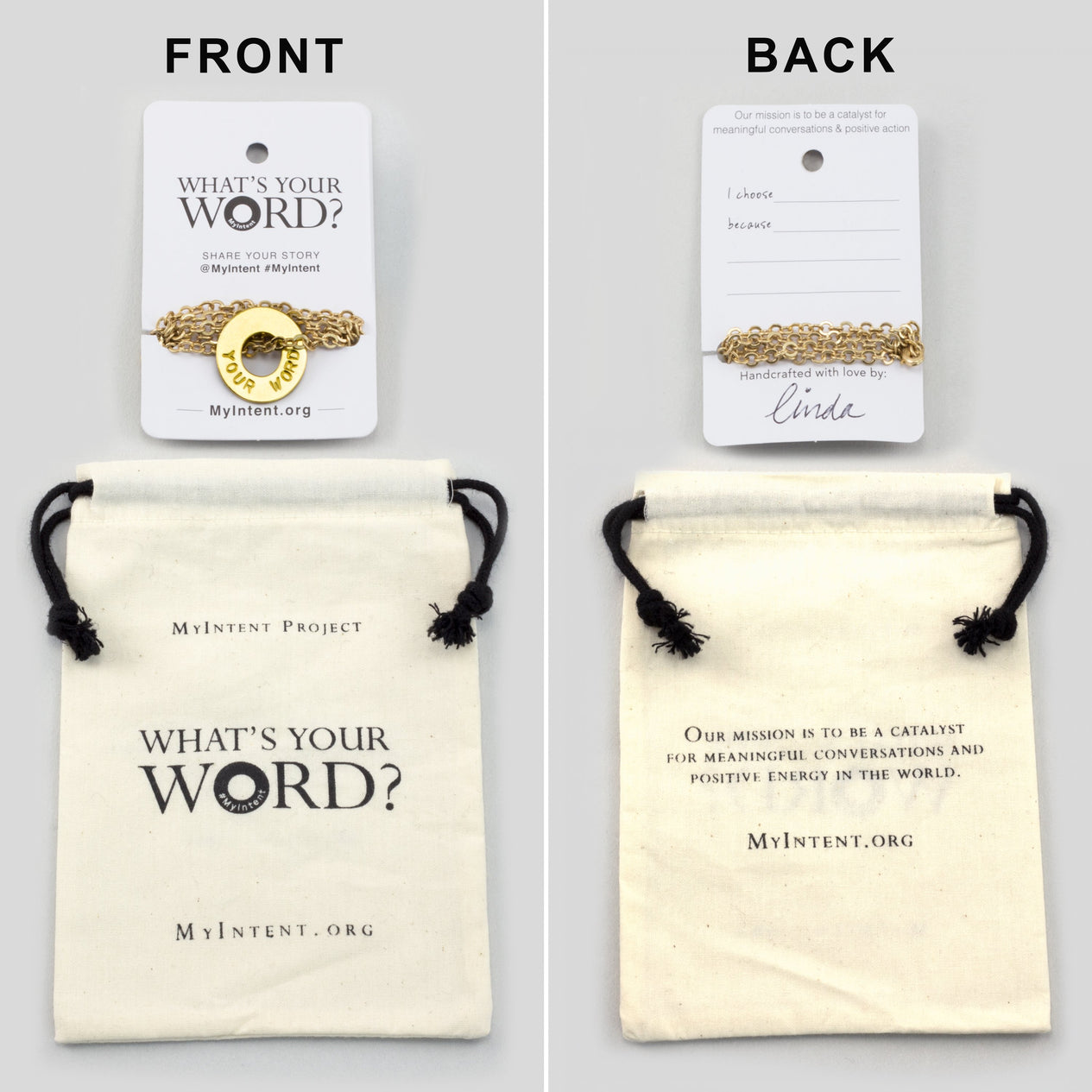 MyIntent Custom Necklaces and Keychains arrives wrapped around a card with Packaging Bag