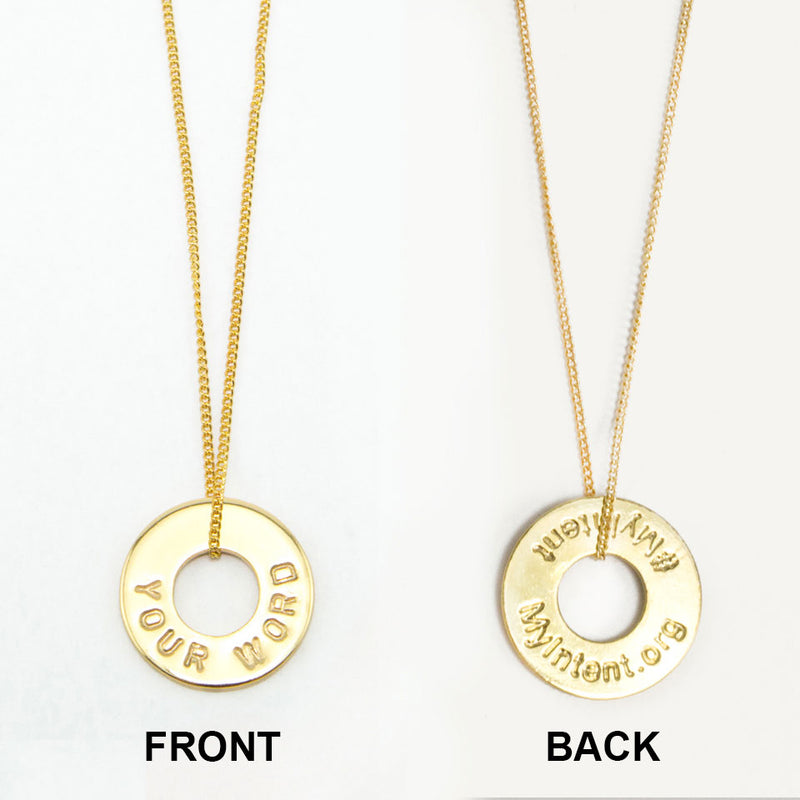 MyIntent Custom Dainty Necklace shows YOUR WORD on front and #MyIntent MyIntent.org on back of token