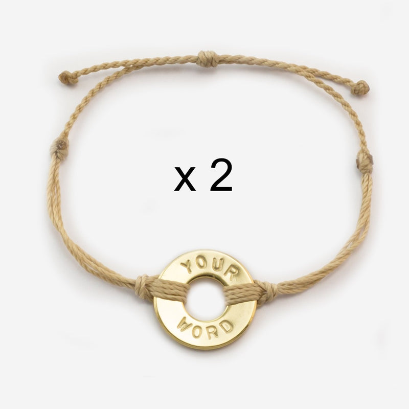 Custom Twist Bracelet Set of 2 Cream color String with Gold Token