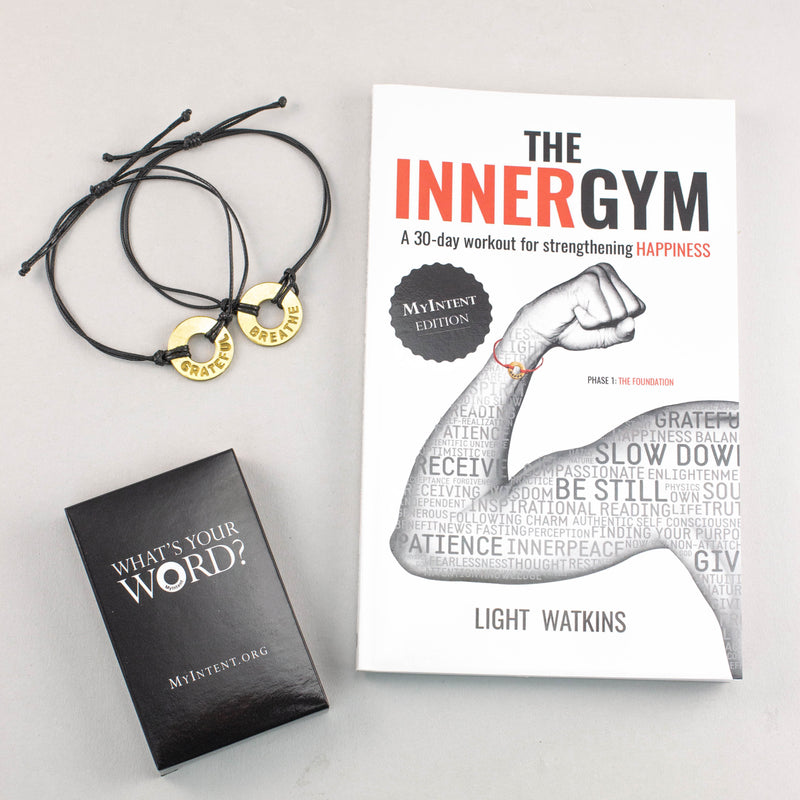 MyIntent Gratitude Pack includes Inner Gym book, 33 question cards, & either a necklace or bracelets