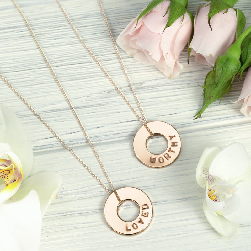 MyIntent Custom Dainty Necklace Set of 2 Rose Gold with words LOVED and WORTHY