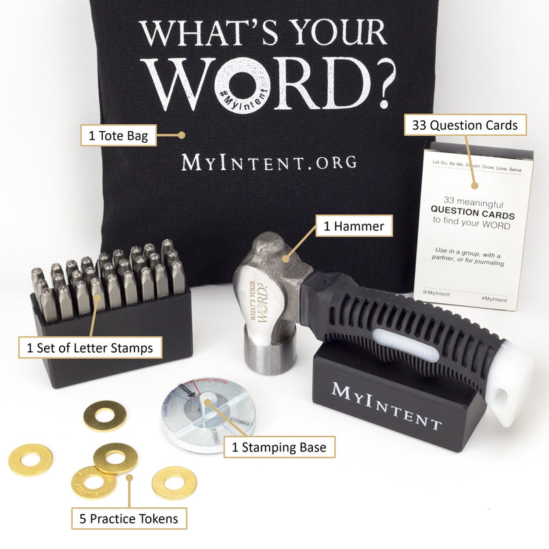 MyIntent Tools Bundle with stamping base, hammer, letter stamps, tote bag, question cards, & tokens