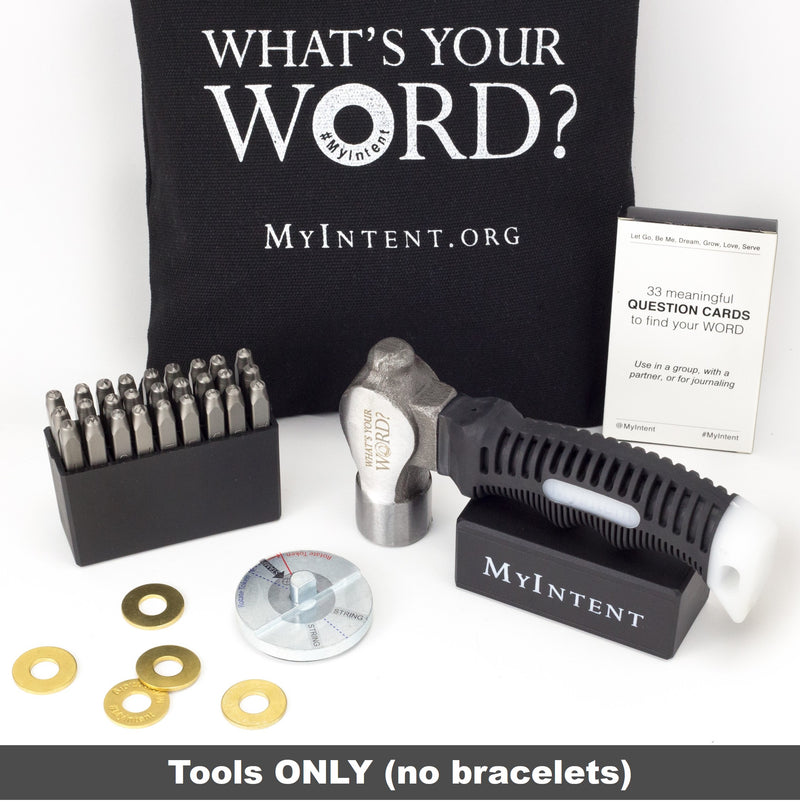 MyIntent Tools Bundle with stamping base, hammer, letter stamps, tote bag, question cards, & tokens