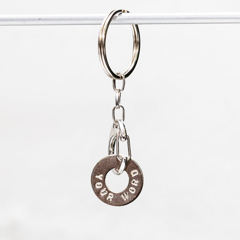 A hanging MyIntent Custom Clasp Keychain in Nickel