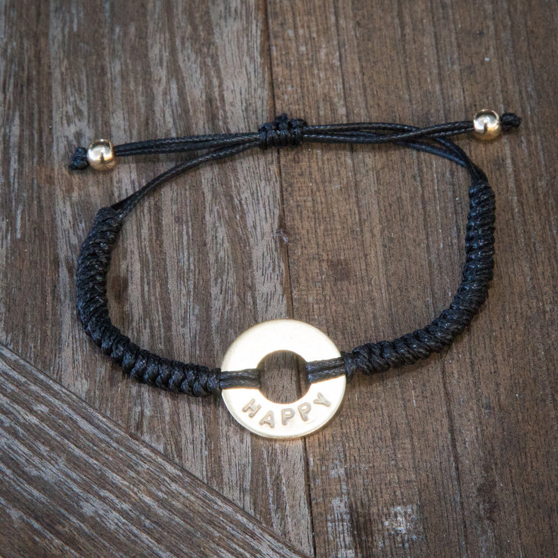 MyIntent Custom Round Bracelet Silver Token Black String and stainless steel beads with word HAPPY