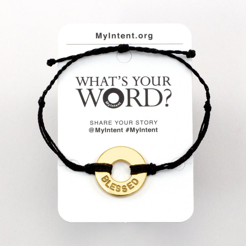 MyIntent Popular Word Twist Bracelet Black String Gold Token with the word BLESSED