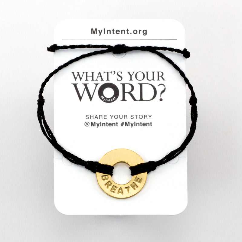 MyIntent Popular Word Twist Bracelet Black String Gold Token with the word BREATHE