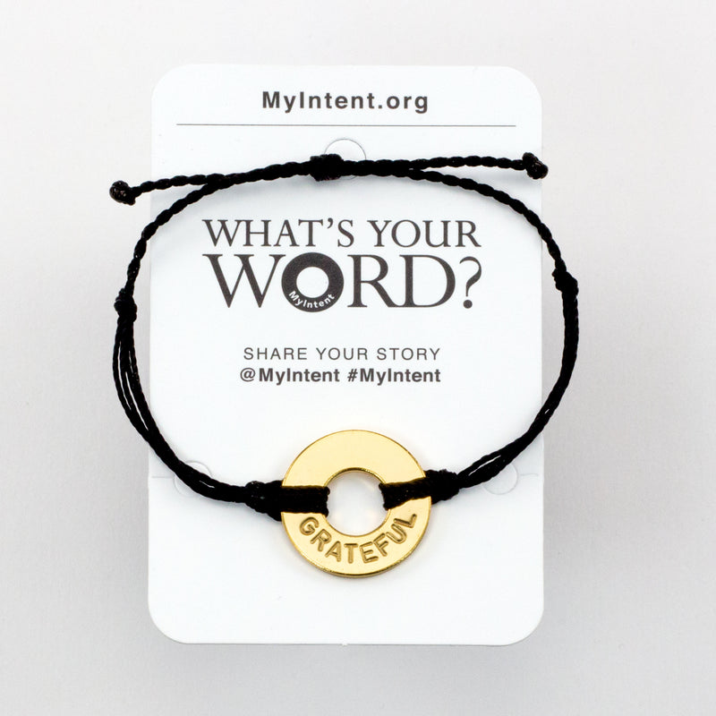 MyIntent Popular Word Twist Bracelet Black String Gold Token with the word GRATEFUL