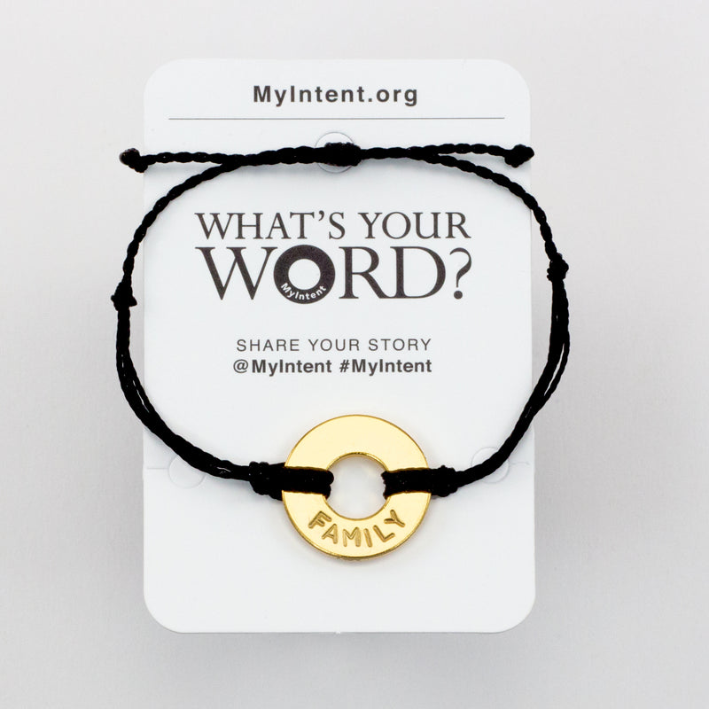 MyIntent Popular Word Twist Bracelet Black String Gold Token with the word FAMILY