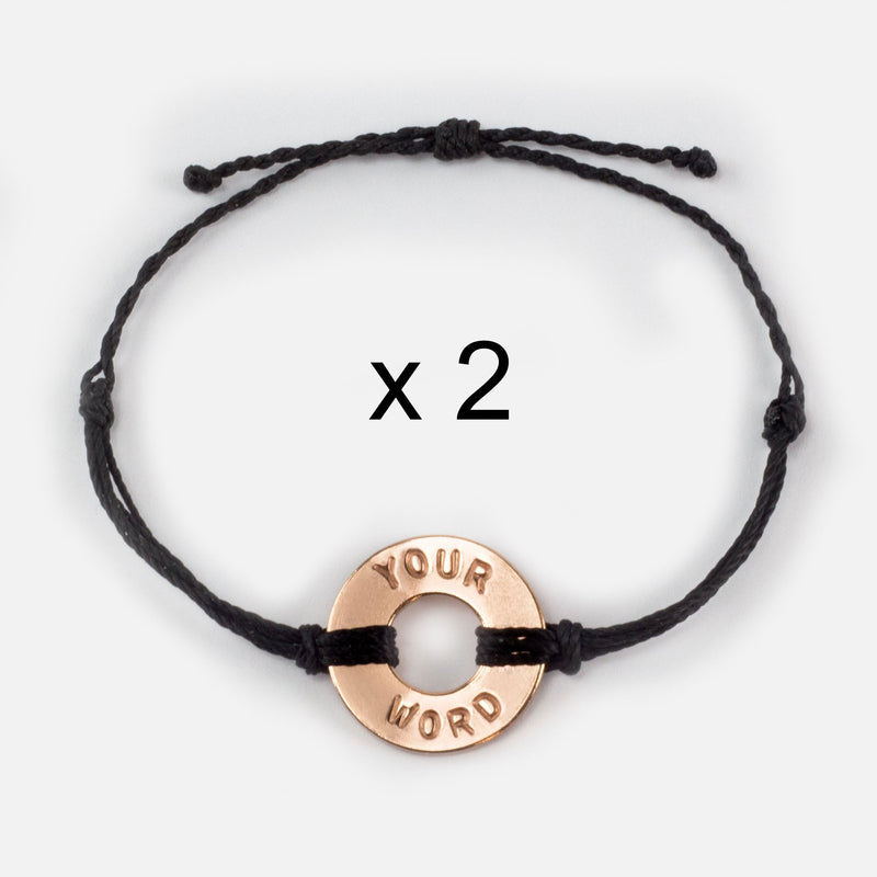 Custom Twist Bracelet Set of 2 Black String with Rose Gold Token