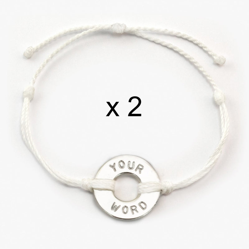 Custom Twist Bracelet Set of 2 White String with Silver Token