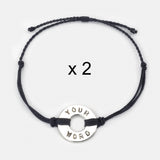 Custom Twist Bracelet Set of 2 Black String with Silver Token