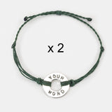 Custom Twist Bracelet Set of 2 Forest Green String with Silver Token