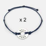 Custom Twist Bracelet Set of 2 Indigo Blue String with Silver Token