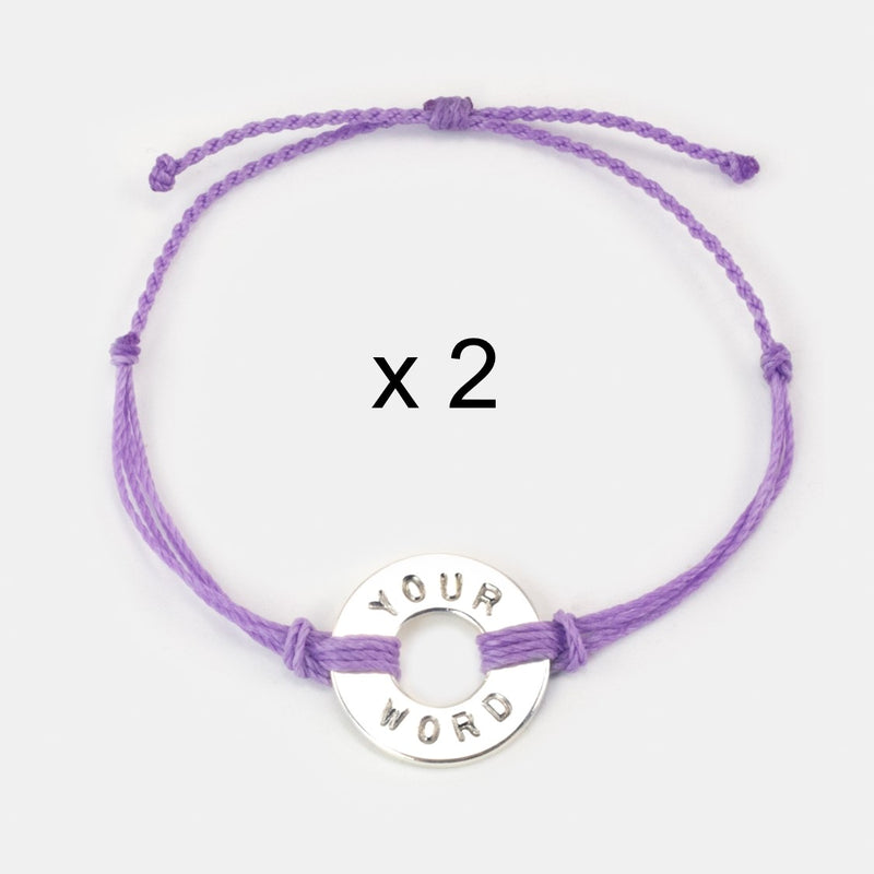 Custom Twist Bracelet Set of 2 Lavender String with Silver Token