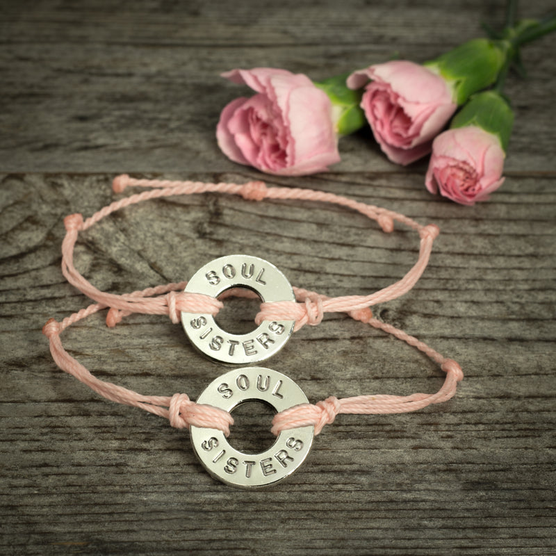 Matching MyIntent Custom Twist Bracelets Light Pink String Silver Token with words SOUL SISTERS