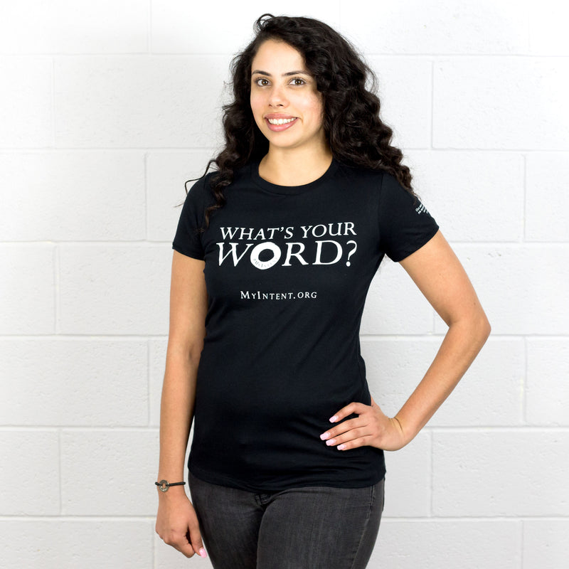 A girl wearing her MyIntent black t-shirt with the logo: "What's Your Word?" and MyIntent.Org 