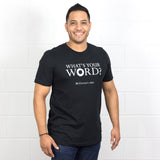 A guy wearing his MyIntent black t-shirt with the logo: "What's Your Word?" and MyIntent.Org 