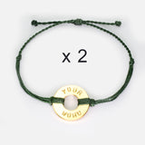 Custom Twist Bracelet Set of 2 Forest Green String with Gold Token 