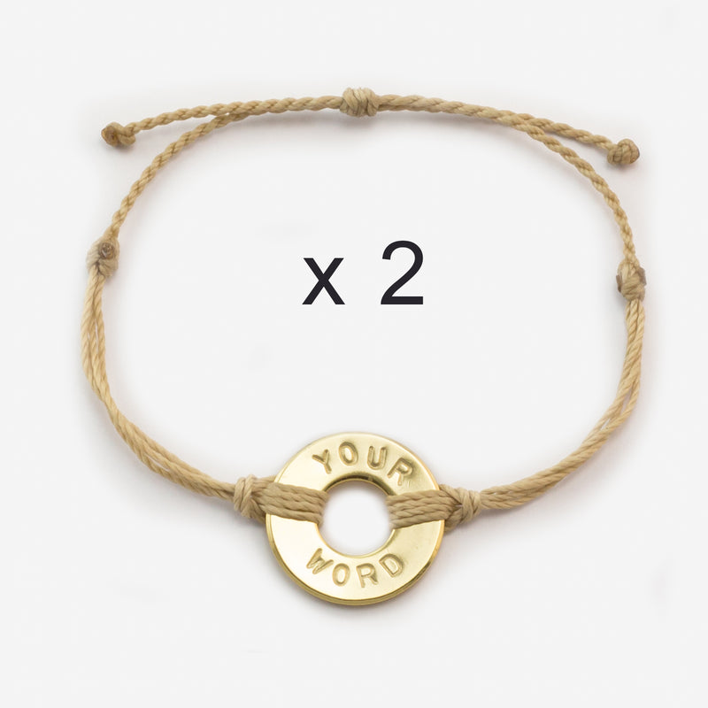 Custom Twist Bracelet Set of 2 Cream color String with Gold Token 