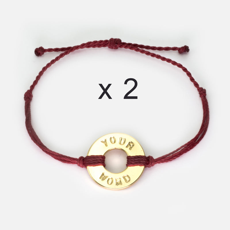 Custom Twist Bracelet Set of 2 Burgundy String with Gold Token 