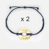 Custom Twist Bracelet Set of 2 Indigo Blue String with Gold Token 