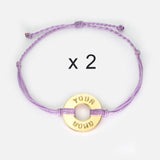 Custom Twist Bracelet Set of 2 Lavender String with Gold Token 