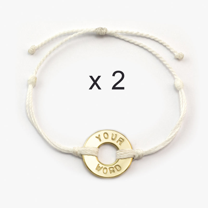 Custom Twist Bracelet Set of 2 White String with Gold Token 