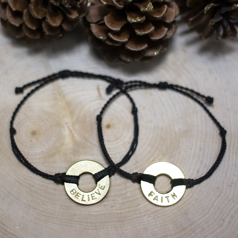 MyIntent Custom Twist Bracelets Set of 2 Black String with Gold Token with words BELIEVE & FAITH