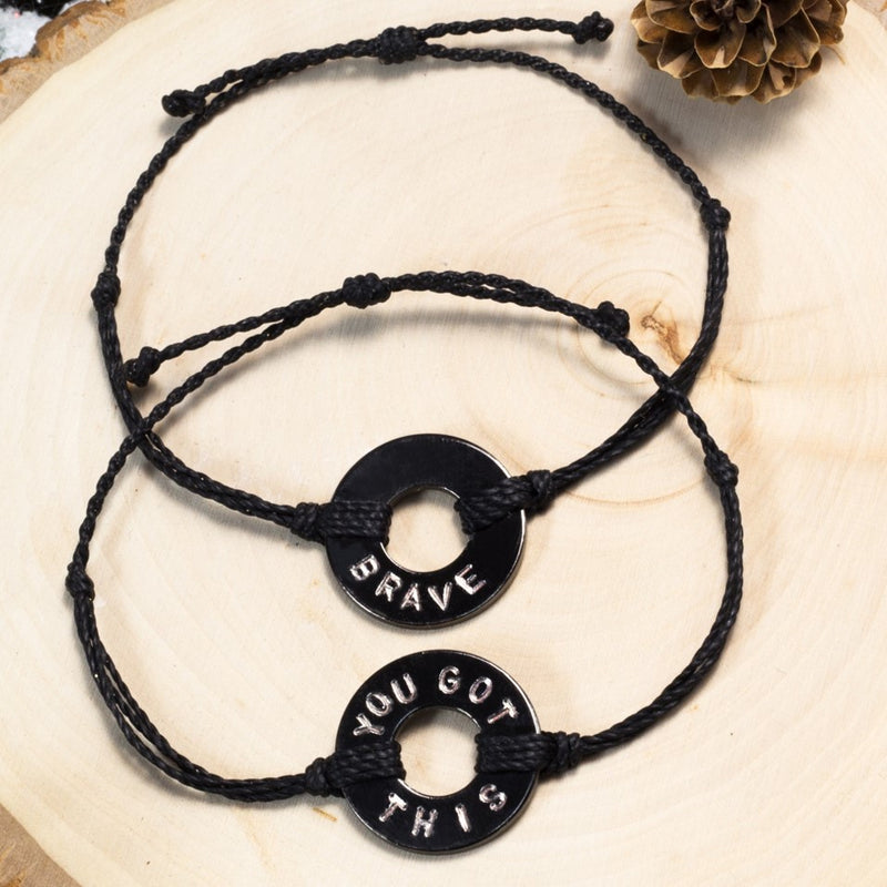 MyIntent Custom Twist Bracelets Black String Black Nickel Token with words BRAVE & YOU GOT THIS