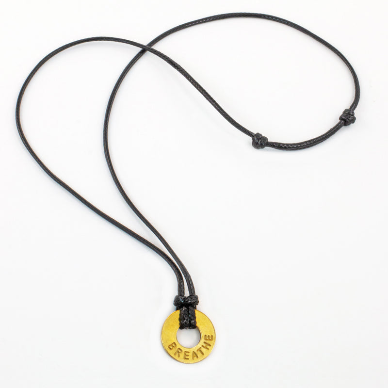 MyIntent Custom Adjustable Black Nylon String Necklace Brass Token with the word BREATHE