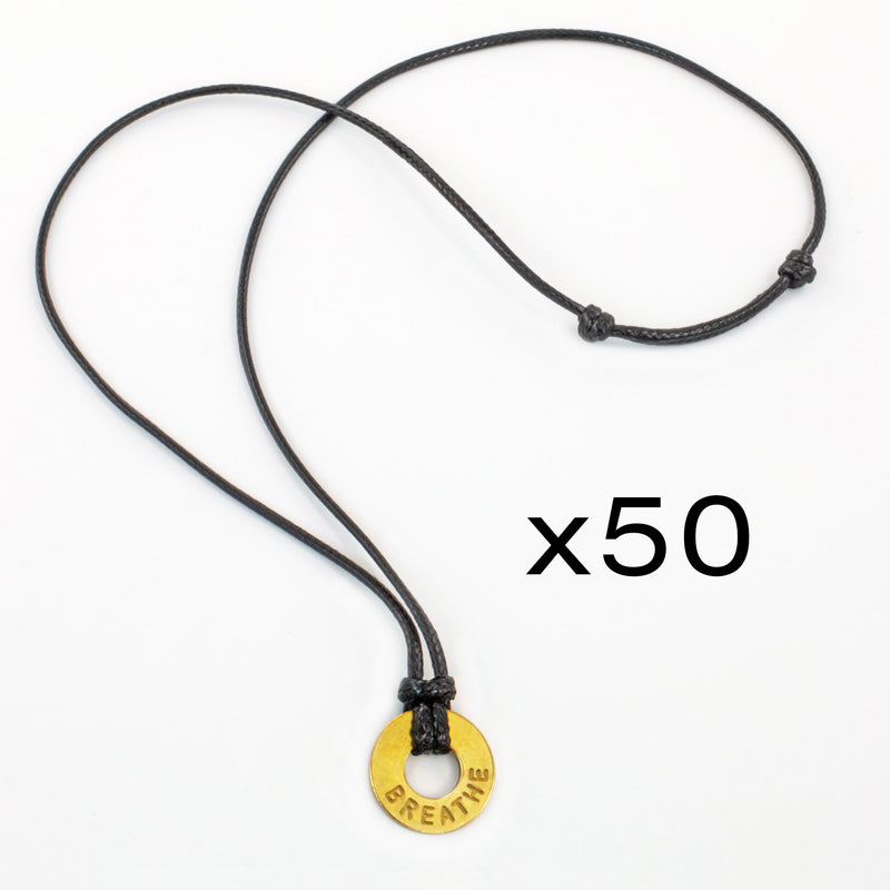MyIntent Custom Adjustable Black Nylon String Necklace set of 50 Brass Token with the word BREATHE