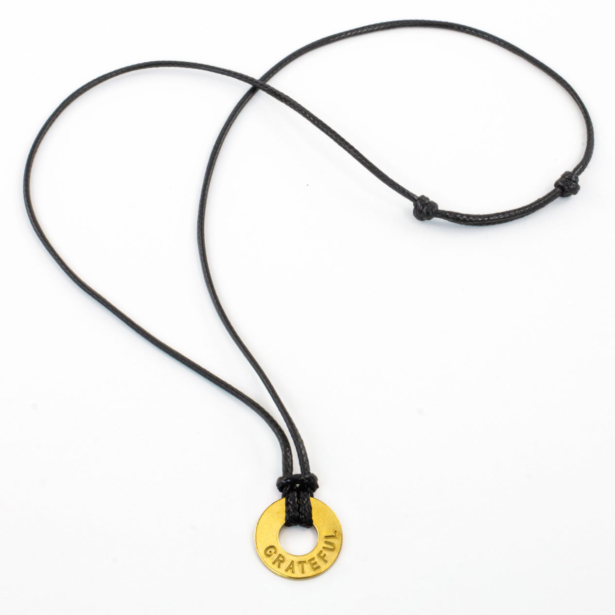 MyIntent Custom Adjustable Black Nylon String Necklace Brass Token with the word GRATEFUL