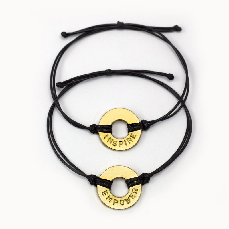 MyIntent Custom Classic Bracelets Black String Brass Token with words INSPIRE & EMPOWER