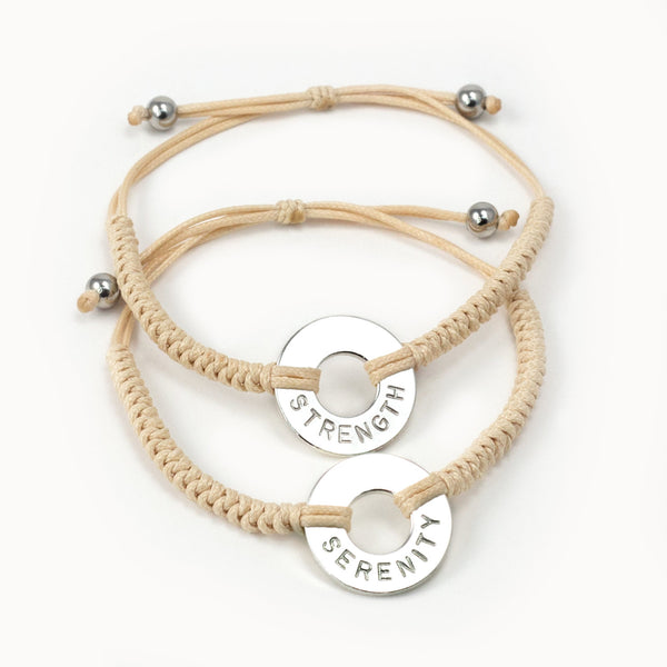 MyIntent Custom Round Bracelets Silver Token with Cream String with words STRENGTH & SERENITY